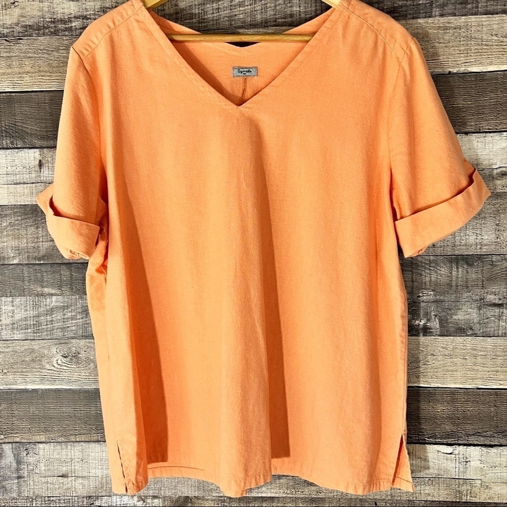 Symple NYC Linen Lagenlook‎ Short Sleeve Orange Top